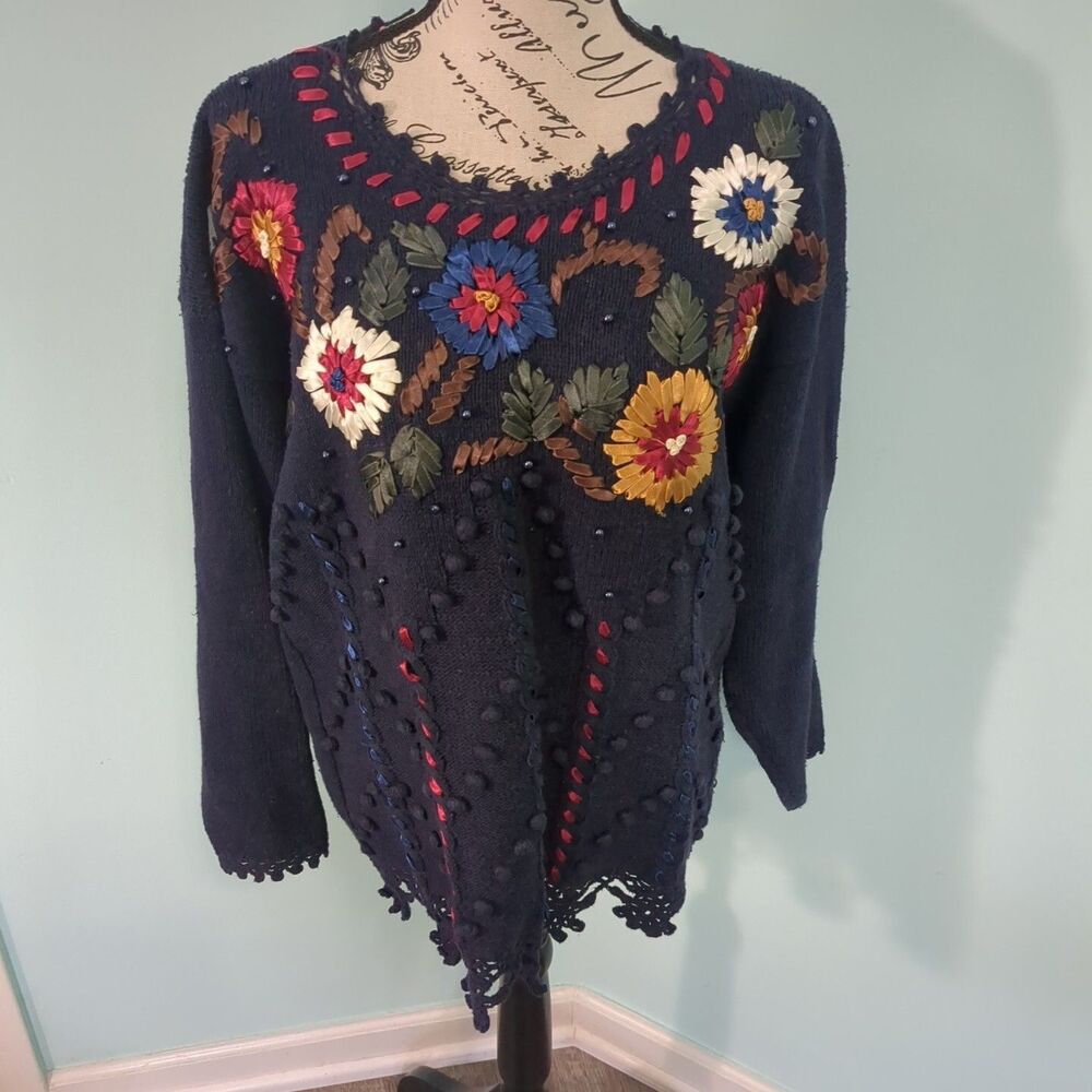 Vintage 90s Carolina Colours Sweater crochet Medium blue Embroidery Ribbon Flora